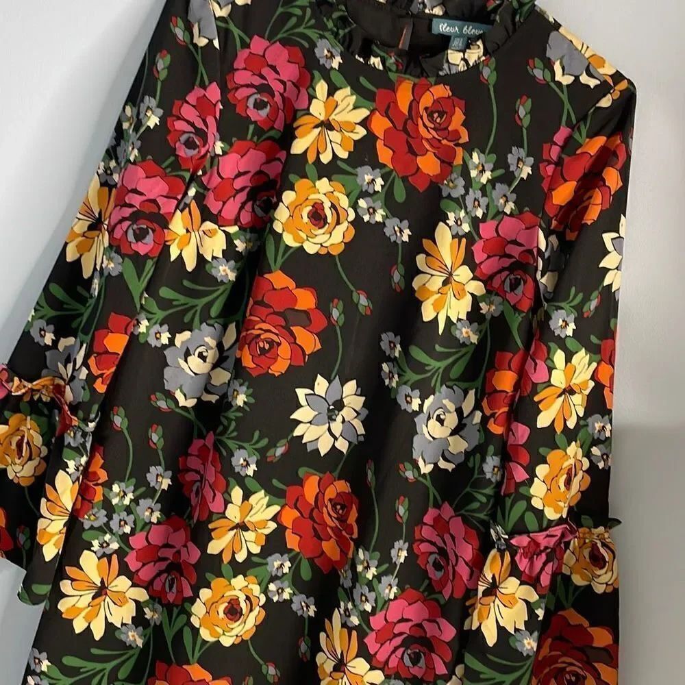 Fleur Bleue Black Floral Tent Dress with Ruffled Neck and Wide Sleeves Size 2